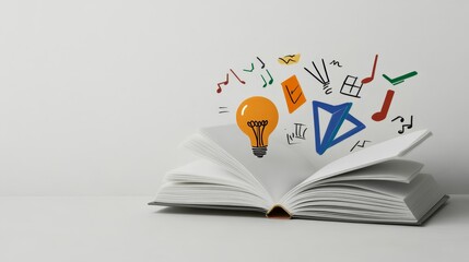 Open Book with Ideas and Inspiration - An open book with a lightbulb and various creative symbols emerging, representing knowledge, inspiration, and learning.
