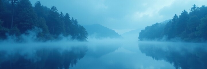 Fototapeta premium Mysterious mist rises from a serene lake on an abstract blue background with grainy texture, mist, grainy texture