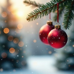 Hanging ornaments in a warm and cozy winter wonderland scene, wonderland, bokeh, gold