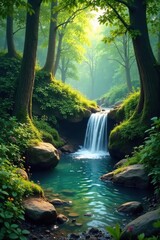 Obraz premium Peaceful forest glade with a small pond and waterfall, serene landscape, forest glade, waterfall