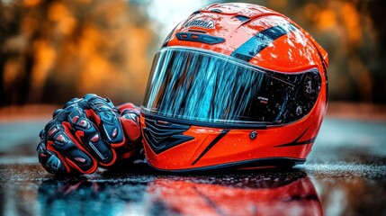 Red Motorcycle Helmet and Gloves on Wet Asphalt, Autumn Background