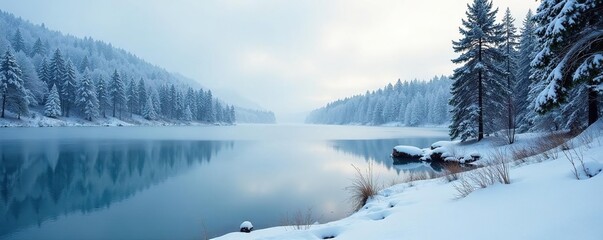 A frozen lake amidst the snow-covered trees and pine, lake, tree, winter