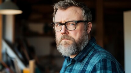 Focused craftsman in a workshop, showcasing skillful woodworking amidst tools and materials