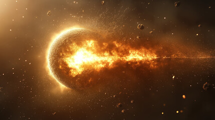 Obraz premium Cosmic Catastrophe: A celestial body engulfed in fiery flames and cosmic dust, with a dramatic, fiery tail of debris stretching across the vast expanse of space.
