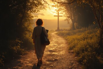 a woman walks down a path with a cross in the background