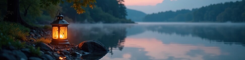 Fototapeta premium Softly glowing lantern amidst tranquil lake scene, soothing, serene