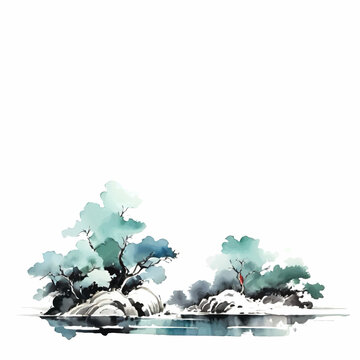 watercolor river landscape with trees decoration element with blank area vector