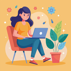 a girl is using his laptop vector