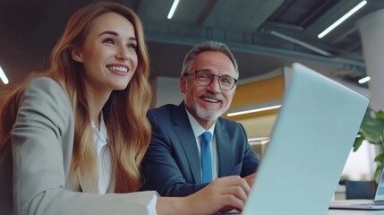 Businesspeople smiling and working together on laptop in office