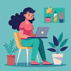 a girl is using his laptop vector