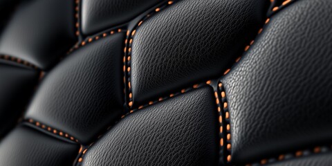 Luxurious black leather upholstery with intricate orange stitching and button-tufted design, showcasing high-quality craftsmanship and attention to detail in automotive or furniture design.