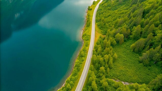 Drone high-angle photo of country road with the beautiful mountain lake surrounded by fresh green peaks by the fjord in Western Noway

