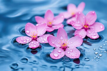 Pink Flowers Floating on Water - Serene image of four pink flowers gently floating on calm blue water, adorned with water droplets.