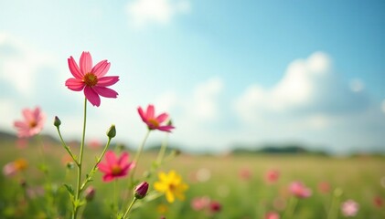 Soft focus of wildflowers against a serene summer sky, summer, serene