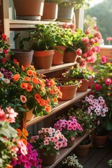 Fototapeta premium Sunlit Balcony Garden with Blooming Flowers for a Vibrant Summer Display