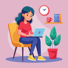 a girl is using his laptop vector