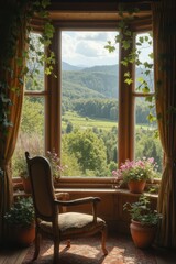 Fototapeta premium a chair in front of a window with a view of a valley