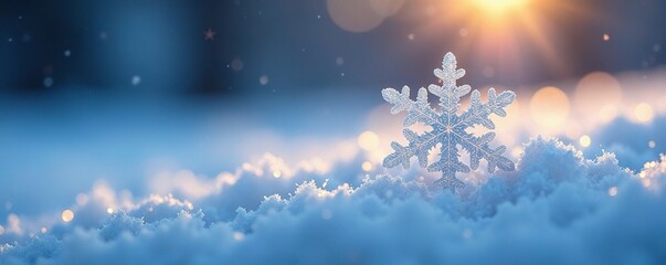 Tiny snowflake with six sides glistening in the light, cold climate, winter scenery, glacial snowflake