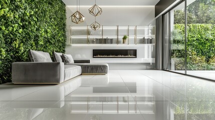 A chic living room featuring glossy white tile flooring