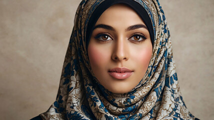 an elegant woman with a captivating face, wearing a stylish hijab, designed as a full-body speaking character, facing forward, embodying all beauty standards.