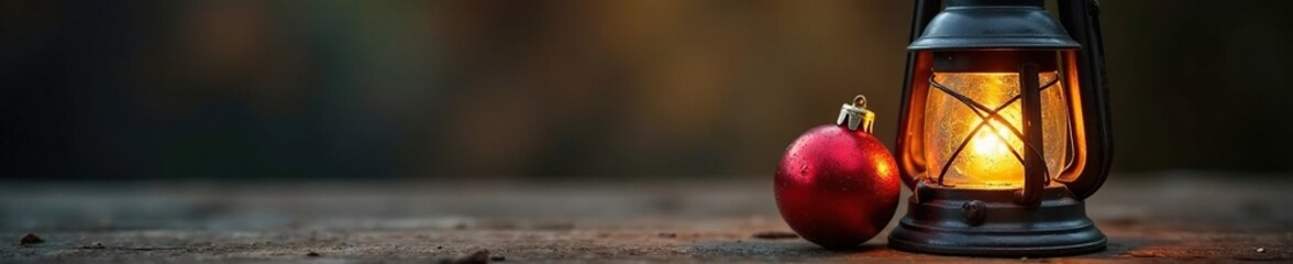 Ornament resting on a vintage metal lantern, softly aglow, crackled glass, vintage metal