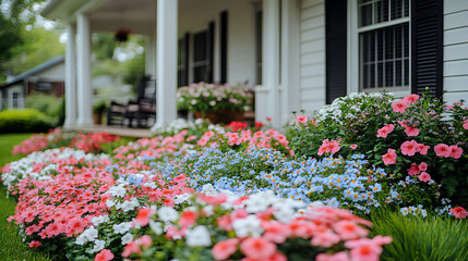 Naklejka premium Colorful flowers bloom in front of suburban home porch