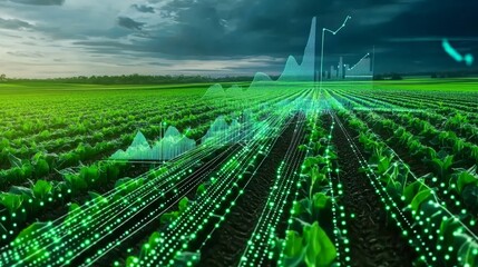 Precision Agriculture: Data Driven Farming - Green field with digital overlay showing data points and growth charts illustrating smart farming technology.
