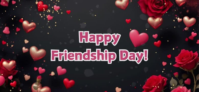Happy Friendship Day Greeting Animation with Colorful Streamers, 4k video background Red rose petals flying floating hearts blossom background. Seamless looping
