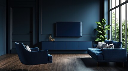 A chic minimalist living room with a midnight blue sofa and armchair