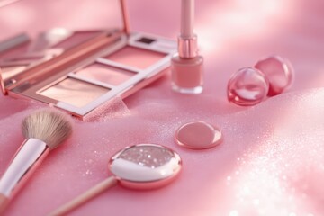 a pink background with makeup products
