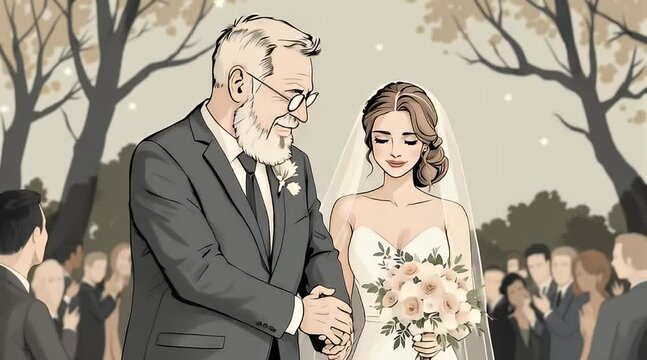 Father walks daughter down aisle at outdoor wedding ceremony