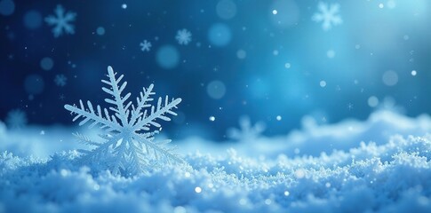 Icy snowflakes dance in the air amidst a blue and white shimmering Christmas landscape, blue, snowflake