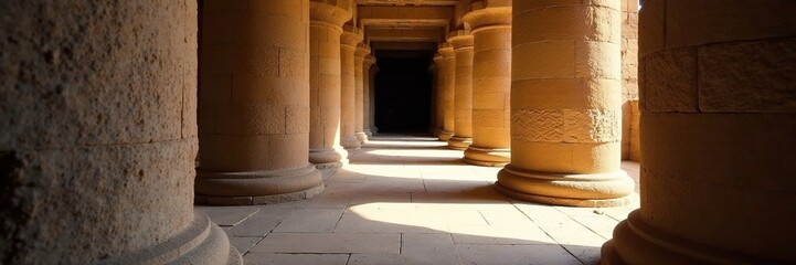 Narrow corridor lined with large stone pillars, stone, pillars, ancient