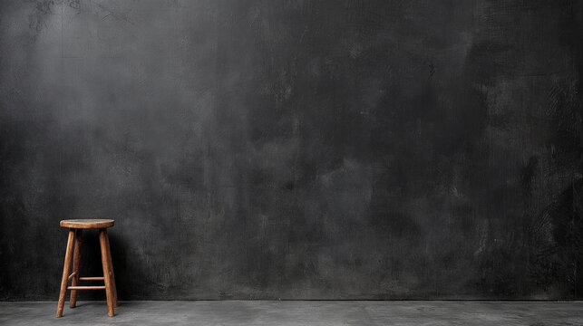 Minimalist Industrial: A single wooden stool stands solitary against a stark, dark grey concrete wall, creating a striking backdrop for product photography or minimalist design concepts.