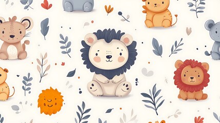 Adorable cartoon animals and foliage seamless pattern.