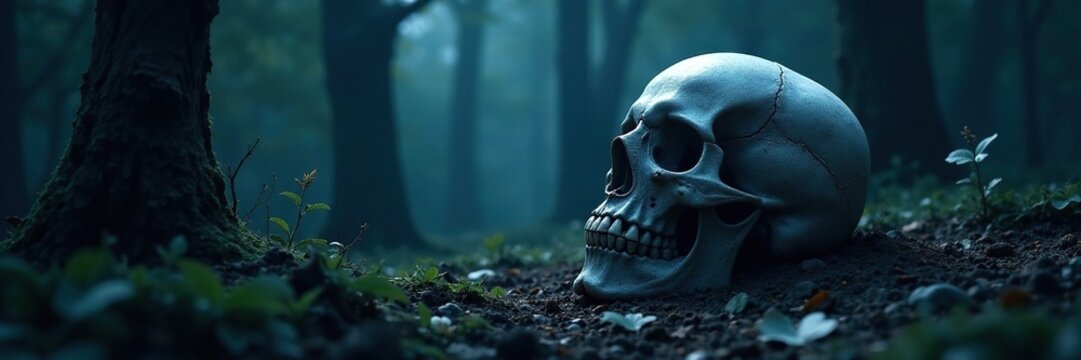 Soft moonbeams illuminate skull in dark forest, nocturnal scene, mystical