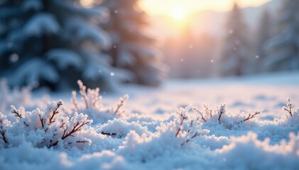 Obraz premium Frosty morning landscape with delicate snowflakes gently falling on the ground, landscape, calm