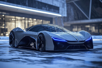 Futuristic electric sports car with sleek aerodynamic curves in urban setting