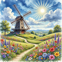 Windmill on a green hill with flowers under bright sun