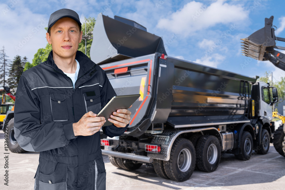 Aufkleber fleet manager with digital tablet on a background of trucks