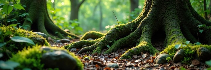 Obraz premium Twisted roots and moss-covered stones in the underbrush, foliage, tree roots