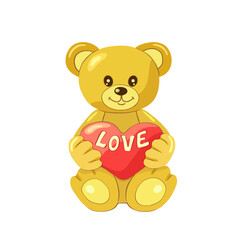 A cute light brown teddy bear with a heart that says LOVE in English on a white isolated square background. A greeting card. Individual elements and stickers. Vector illustration. Valentine card.