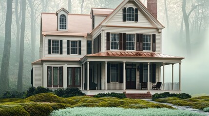 A classic colonial-style house in ivory with dark chocolate shutters and a copper-toned porch
