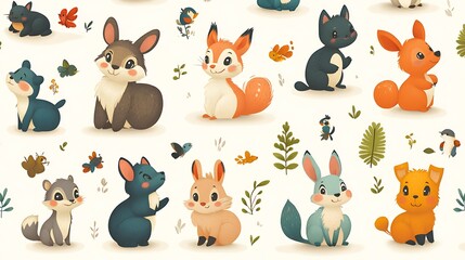Adorable woodland creatures seamless pattern.