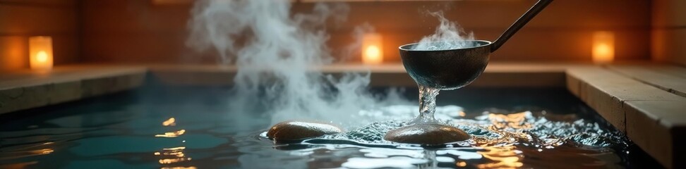 Steam rises from a ladle as it pours water over heated stones in a sauna, ambient, fog, water