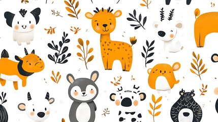 Adorable cartoon animals and foliage seamless pattern.