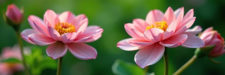 Soft petals of pink flowers against a green background, greenery, plant life, flowers of pink