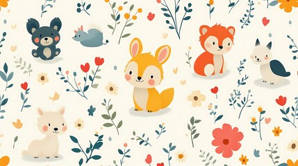 Adorable animal illustration with floral background.