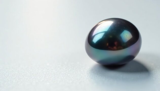 Oval black pearl with iridescent sheen on crisp white surface, pearls, luster
