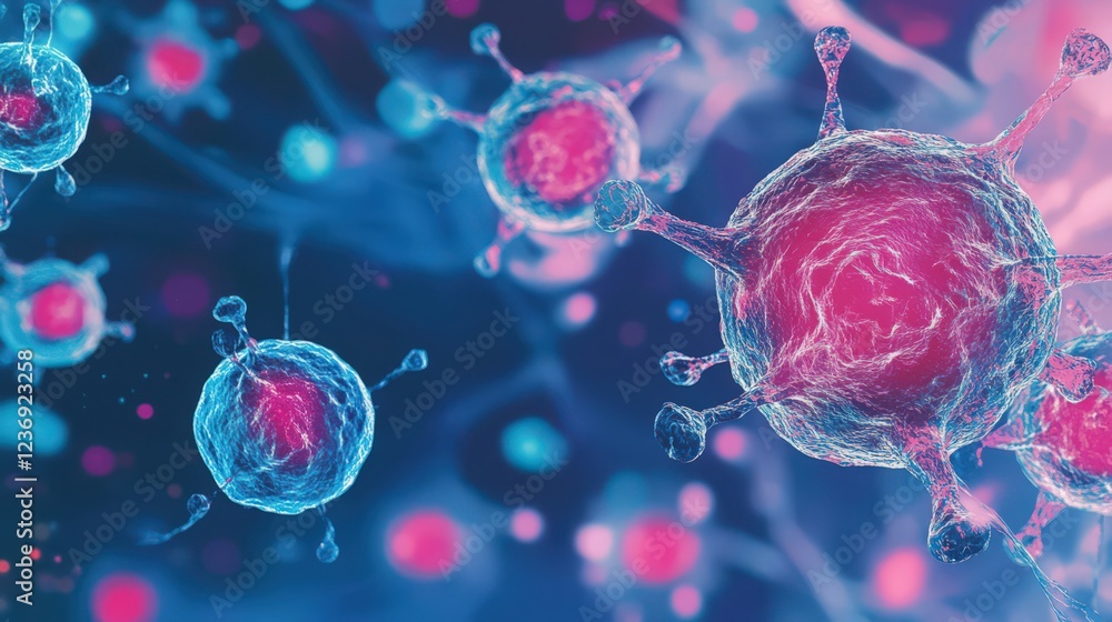 Poster microscopic view of cells or viruses with spiked surface in abstract background